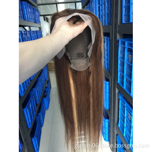 Highlight 4/27 Color Human Hair Lace Front Wigs Brown Ombre Remy Hair Pre-plucked Swiss Lace Wigs